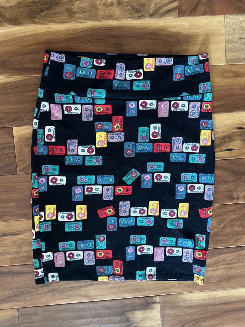 LuLaRoe Black Pencil Skirt with Colorful Cassette Print size Large